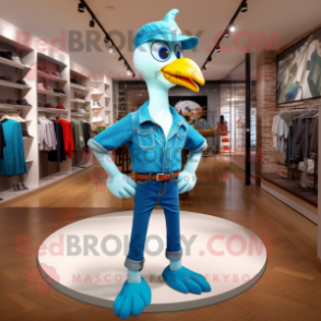 Turquoise Swan mascot costume character dressed with a Jeans and Pocket squares