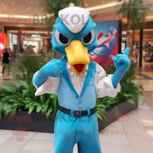 Turquoise Swan mascot costume character dressed with a Jeans and Pocket squares