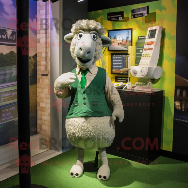 Green Merino Sheep mascot costume character dressed with a Shift Dress and Pocket squares