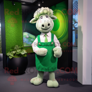 Green Merino Sheep mascot costume character dressed with a Shift Dress and Pocket squares