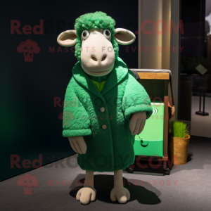Green Merino Sheep mascot costume character dressed with a Shift Dress and Pocket squares