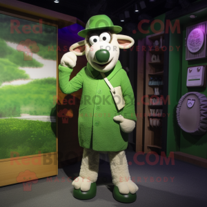 Green Merino Sheep mascot costume character dressed with a Shift Dress and Pocket squares