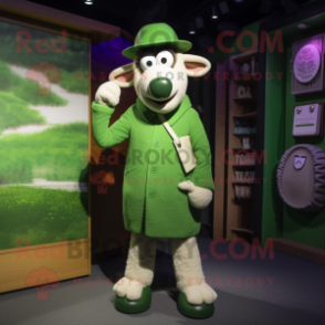 Green Merino Sheep mascot costume character dressed with a Shift Dress and Pocket squares