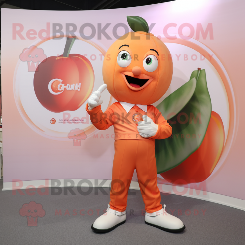 Peach Plate Spinner mascot costume character dressed with a Chinos and Cufflinks Peach Plate Spinner mascot costume character dressed with a Chinos and Cufflinks