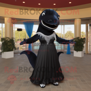 Black Humpback Whale mascot costume character dressed with a Evening Gown and Necklaces