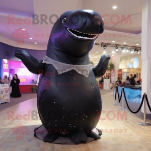 Black Humpback Whale mascot costume character dressed with a Evening Gown and Necklaces