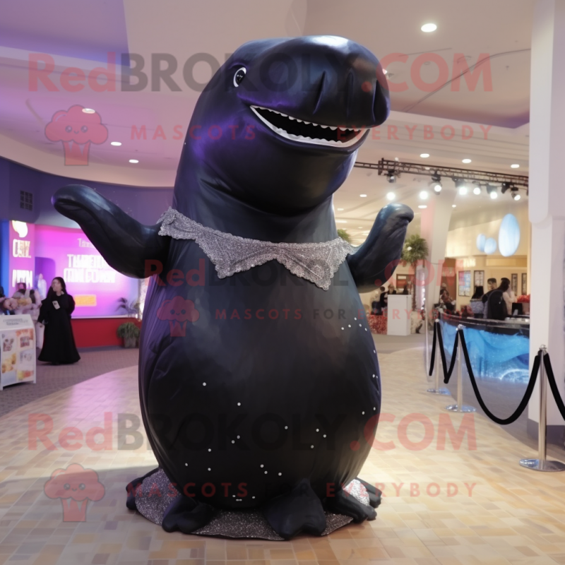 Black Humpback Whale mascot costume character dressed with a Evening Gown and Necklaces