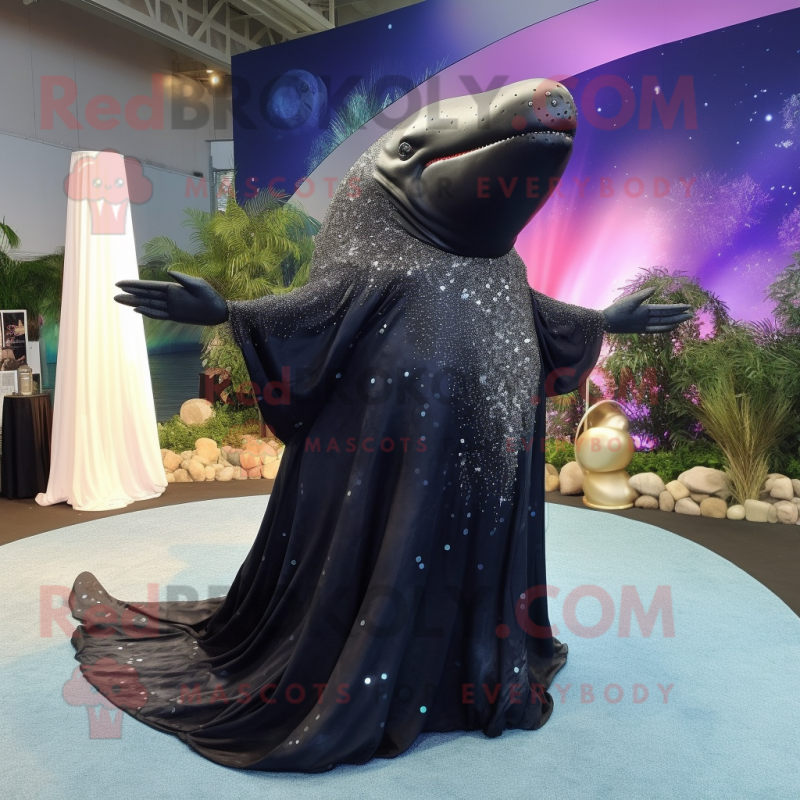 Black Humpback Whale mascot costume character dressed with a Evening Gown and Necklaces