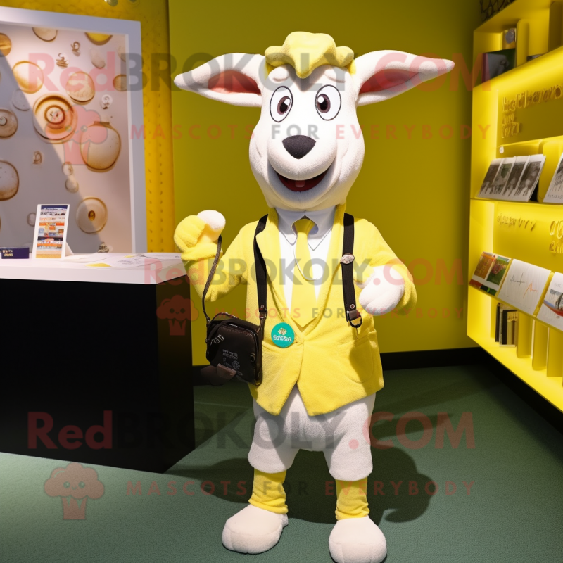 Lemon Yellow Goat mascot costume character dressed with a Waistcoat and Wallets