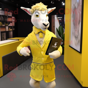 Lemon Yellow Goat mascot costume character dressed with a Waistcoat and Wallets