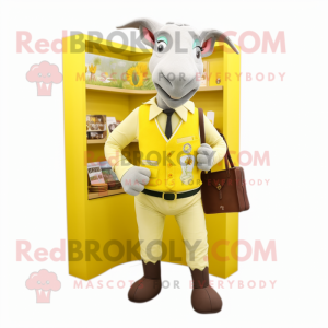 Lemon Yellow Goat mascot costume character dressed with a Waistcoat and Wallets