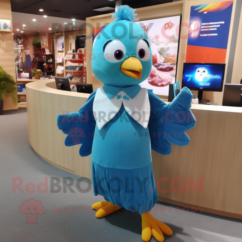Turquoise Dove mascot costume character dressed with a Culottes and Earrings Turquoise Dove mascot costume character dressed with a Culottes and Earrings
