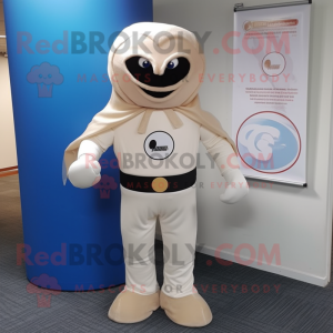 Cream Superhero mascot costume character dressed with a Trousers and Tie pins