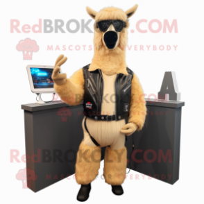 Tan Llama mascot costume character dressed with a Biker Jacket and Shoe laces