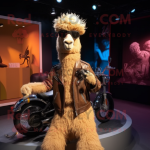 Tan Llama mascot costume character dressed with a Biker Jacket and Shoe laces