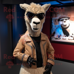 Tan Llama mascot costume character dressed with a Biker Jacket and Shoe laces