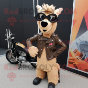 Tan Llama mascot costume character dressed with a Biker Jacket and Shoe laces