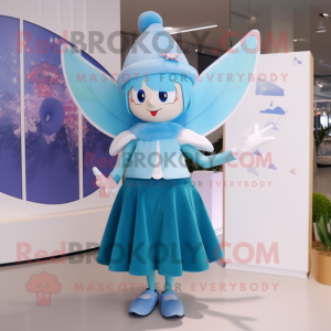 Cyan Tooth Fairy mascot costume character dressed with a Mini Skirt and Hat pins