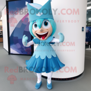 Cyan Tooth Fairy mascot costume character dressed with a Mini Skirt and Hat pins