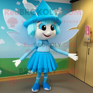 Cyan Tooth Fairy mascot costume character dressed with a Mini Skirt and Hat pins