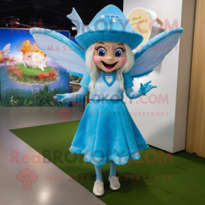 Cyan Tooth Fairy mascot costume character dressed with a Mini Skirt and Hat pins