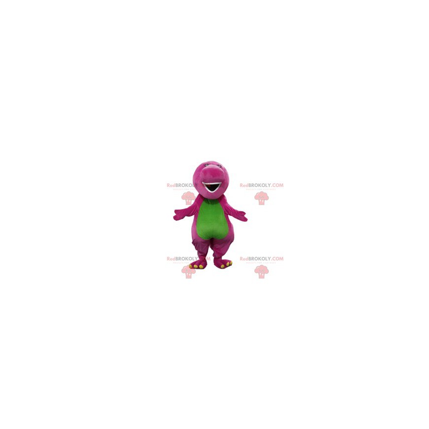 Mascote de dinossauro roxo e verde com um grande focinho