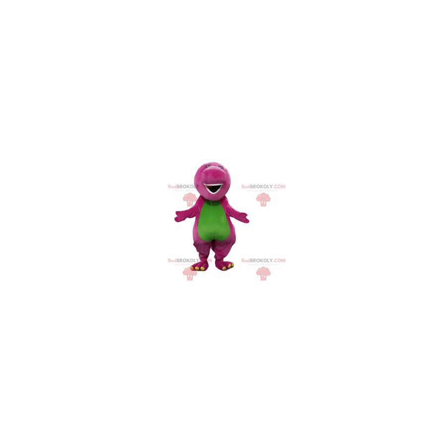 Purple and green dinosaur mascot with a big muzzle -