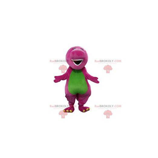 Mascote de dinossauro roxo e verde com um grande focinho -