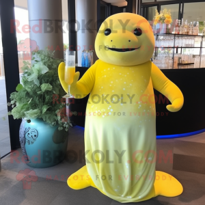 Lemon Yellow Stellar'S Sea Cow mascot costume character dressed with a Cocktail Dress and Rings