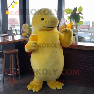 Lemon Yellow Stellar'S Sea Cow mascot costume character dressed with a Cocktail Dress and Rings