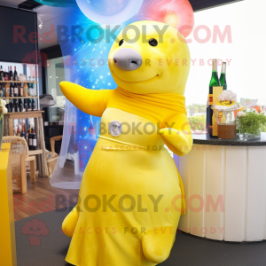 Lemon Yellow Stellar'S Sea Cow mascot costume character dressed with a Cocktail Dress and Rings