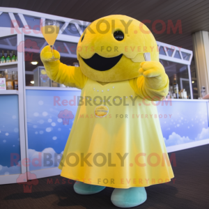 Lemon Yellow Stellar'S Sea Cow mascot costume character dressed with a Cocktail Dress and Rings