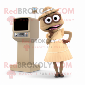 Tan Camera mascot costume character dressed with a Pencil Skirt and Watches