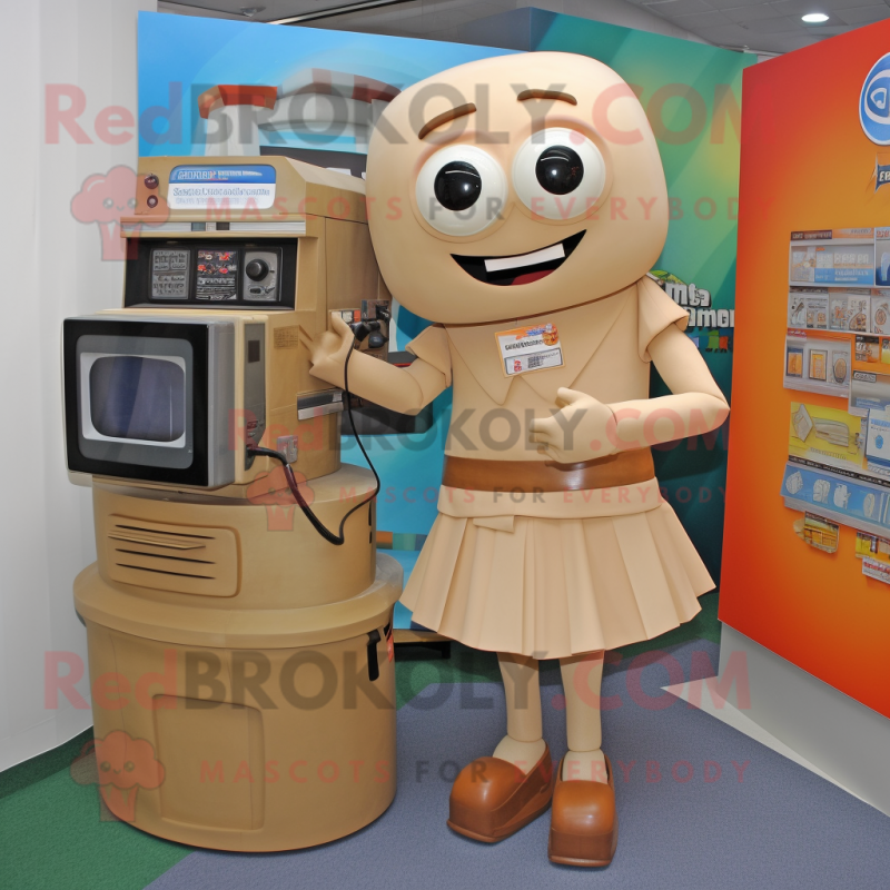 Tan Camera mascot costume character dressed with a Pencil Skirt and Watches Tan Camera mascot costume character dressed with a Pencil Skirt and Watches
