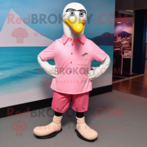 Pink Gull mascot costume character dressed with a Dress Shirt and Foot pads