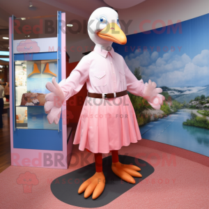 Pink Gull mascot costume character dressed with a Dress Shirt and Foot pads