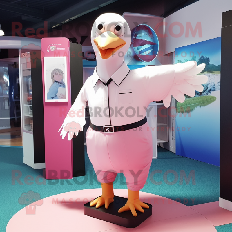 Pink Gull mascot costume character dressed with a Dress Shirt and Foot pads