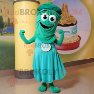 Turquoise Pesto Pasta mascot costume character dressed with a A-Line Dress and Bracelet watches