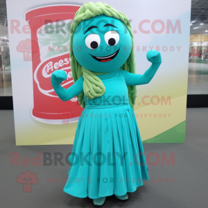 Turquoise Pesto Pasta mascot costume character dressed with a A-Line Dress and Bracelet watches