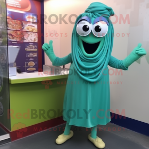 Turquoise Pesto Pasta mascot costume character dressed with a A-Line Dress and Bracelet watches