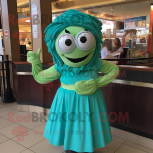 Turquoise Pesto Pasta mascot costume character dressed with a A-Line Dress and Bracelet watches