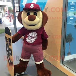 Maroon Skateboard mascot costume character dressed with a Cargo Shorts and Bow ties