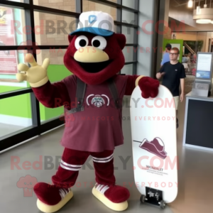 Maroon Skateboard mascot costume character dressed with a Cargo Shorts and Bow ties