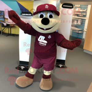 Maroon Skateboard mascot costume character dressed with a Cargo Shorts and Bow ties