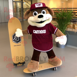 Maroon Skateboard mascot costume character dressed with a Cargo Shorts and Bow ties