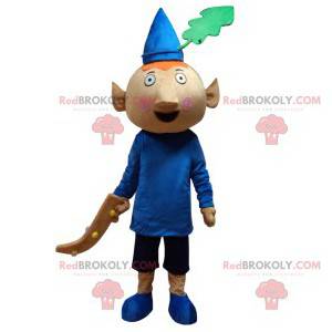 Kleines Koboldmaskottchen mit seinem blauen spitzen Hut -