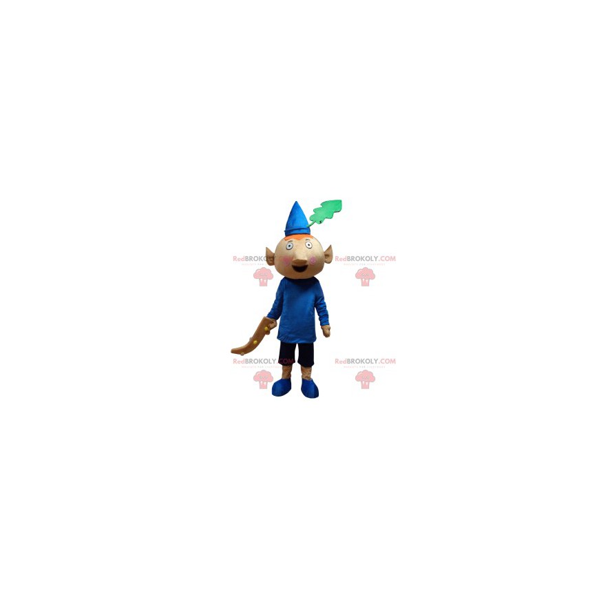Pequeno mascote duende com seu chapéu pontudo azul -