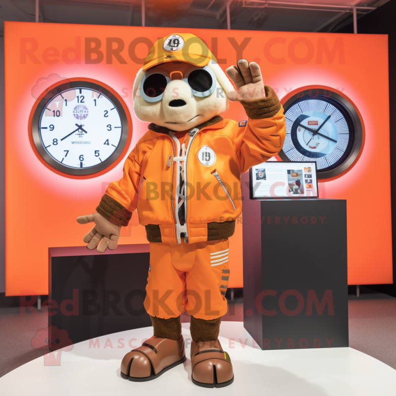 Orange Chief mascot costume character dressed with a Bomber Jacket and Digital watches Orange Chief mascot costume character dressed with a Bomber Jacket and Digital watches