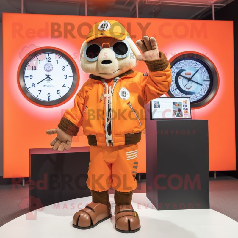 Orange Chief mascot costume character dressed with a Bomber Jacket and Digital watches