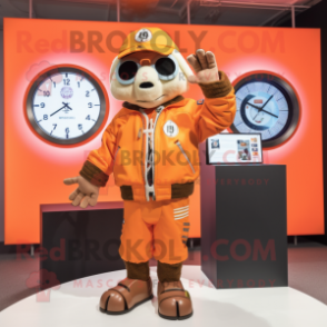 Orange Chief mascot costume character dressed with a Bomber Jacket and Digital watches